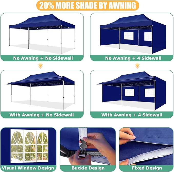 COBIZI 10x20 Pop Up Canopy Tent with Awning,Heavy Duty Canopy UPF 50+ All Season Wind Waterproof Commercial Outdoor Street Vendors Party Tents for Parties Canopy with Roller Bag(10 x 20 ft Dark Blue)