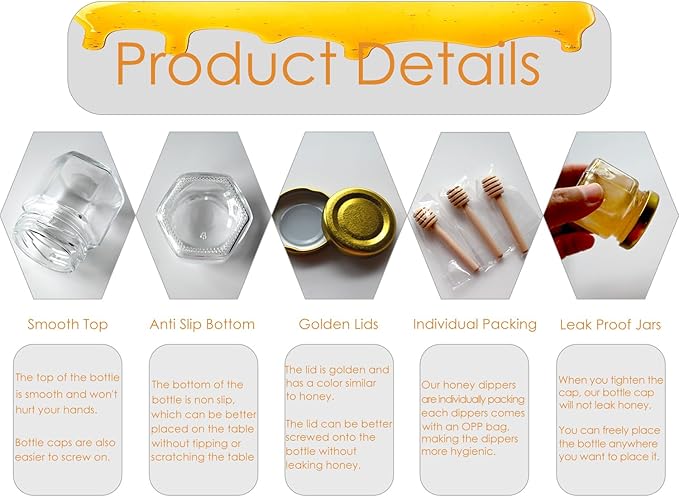 Adabocute Mini Honey Jars with Dipper - Hexagon Honey Pot Set with Gold Lid, Bee Pendants, Jutes, Gold Organza Bags and Stickers - Perfect for Baby Shower Party Favors Wedding Favors, 60 Pack 1.5oz