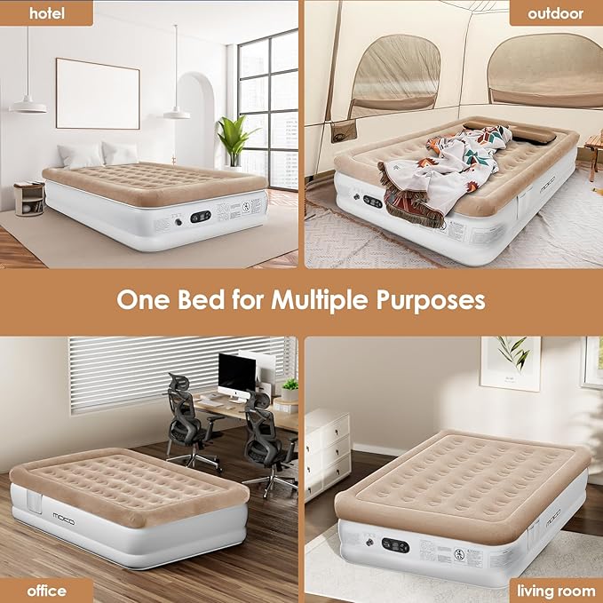 Air Mattress Queen with Built in Pump, 18'' Luxury Inflatable Mattress, 3 Min Fast Blow up Mattress with Dual-Chamber, Comfort Top - Velvety Air Bed for Home, Camping, Travel, Guests, White + Khaki