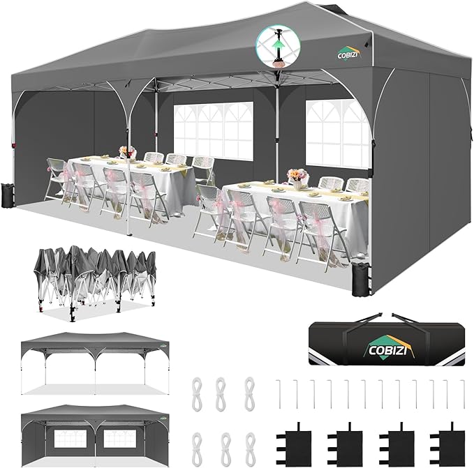 COBIZI 10x20 Pop Up Canopy Tent with 4 Sidewalls, Instant One-Push Setup, Commercial Canopy with Air Vent & Reflective Strip, UPF 50+ Waterproof Party Tent with Sandbags & Stakes for Events (Gray)