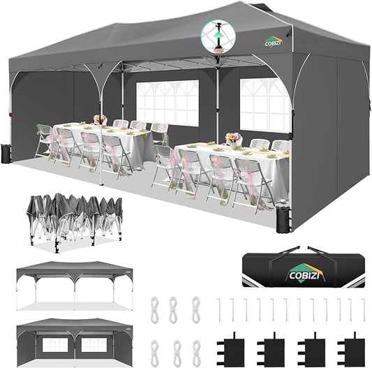COBIZI 10x20 Pop Up Canopy Tent with 4 Sidewalls, Instant One-Push Setup, Commercial Canopy with Air Vent & Reflective Strip, UPF 50+ Waterproof Party Tent with Sandbags & Stakes for Events (Gray)