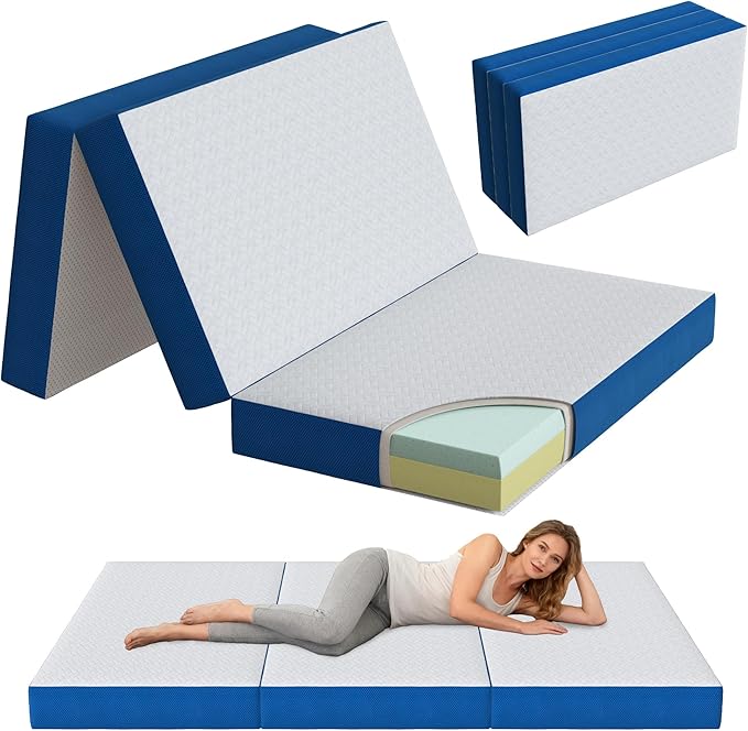 6 Inch Tri-Fold Mattress Twin Size, Portable Memory Foam Guest Bed with CertiPUR-US Certified Cooling Gel & Washable Cover, Folding Mattress for Camping, Dorm, RV & Living Room