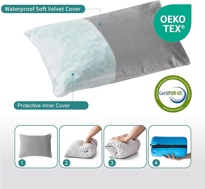 Small Shredded Gel Memory Foam Pillow,Adjustable for Contoured Support -Portable Ideal for Backpacking, Camping, Travel, Car, Airplane,Office Nap