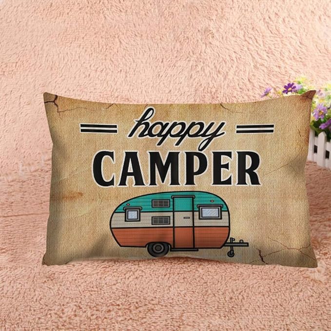 Throw Pillow Cover Happy Camper Camping Outdoor Decorative Pillow Case Home Decor 20x12 Inches Pillowcase