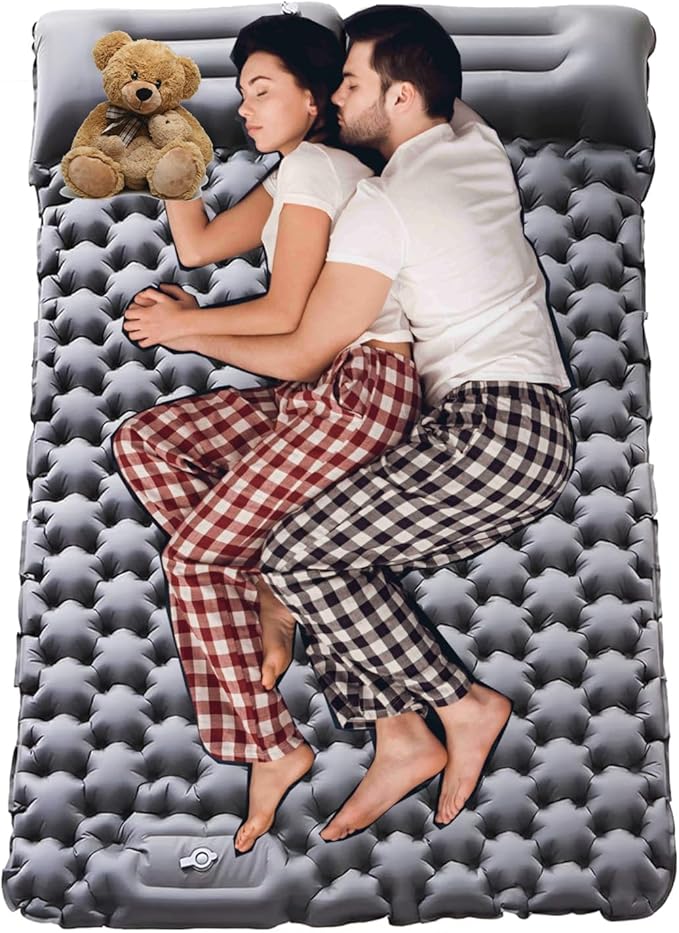 Inflatable Double Camping Mat with Pillow, Build-in Foot Pump Ultralight Sleeping Air Matress Pad for 2 Person, Portable Bed Compact for Camping Hiking Backpacking Outdoor (Grey, Double)
