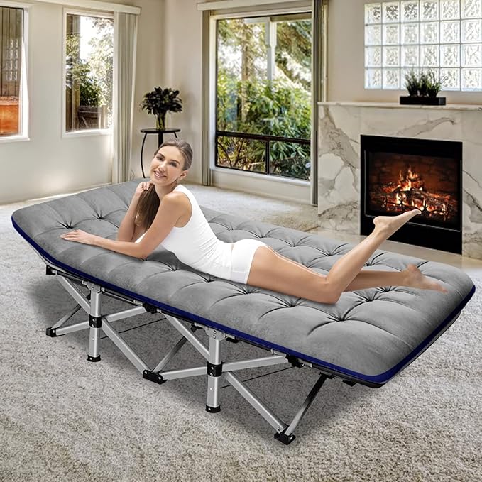 ABORON Folding Camping Cot W/Mat for Adults, Heavy Duty Outdoor Bed with Carry Bag,1200 D Layer Oxford Travel Camp Cots