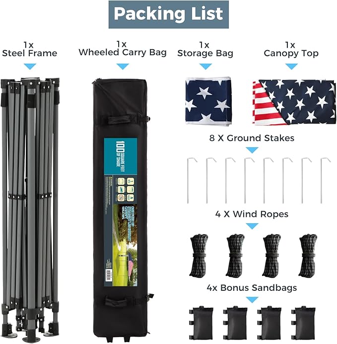 GREEN PARTY 10x10 ft Pop Up Canopy Tent, 1-Person Setup Instant Outdoor Canopy with Vented Top, Wheeled Carry Bag, 4 Ropes & 4 Sandbag -American Flag