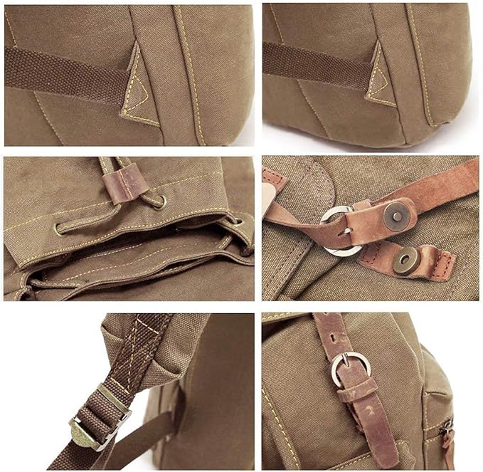 HuaChen Vintage Canvas Travel Backpack with Leather Trim, Laptop Padded Sleeve, Hidden Back Security Pocket, Fits 14-Inch, M32 Brown