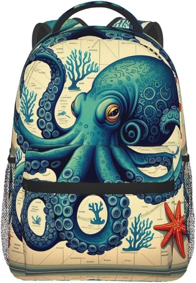 Polyester Daypack Backpack for Trekking Picnic Walking Cycling, Large Capacity Anti-Theft Multipurpose Shoulder Bag, Retro Octopus Art Casual Daypack
