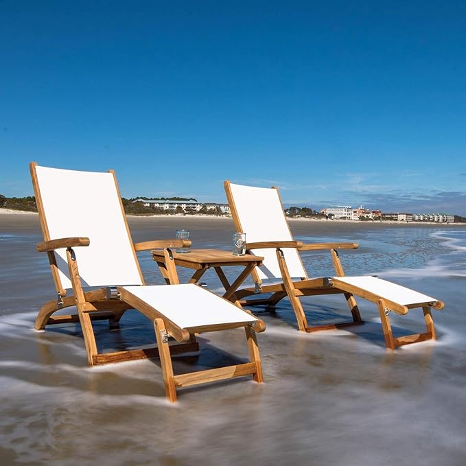 3-Piece Teak Patio Conversation Set with Sling Steamer Loungers & 20-Inch Square Folding Picnic Table (P137NV), Navy Sling