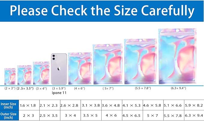 2x3 inch 100PCS Resealable Smell Proof Bags–Holographic Packaging Foil Pouch Baggies, Clear Small Mylar Bag for Jewelry,Candy,Food Storage,Business