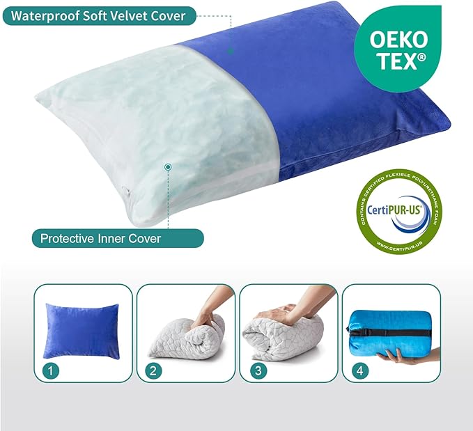Small Shredded Gel Memory Foam Pillow,Adjustable for Contoured Support -Portable Ideal for Backpacking, Camping, Travel, Car, Airplane,Office Nap