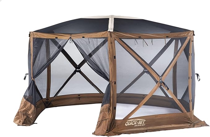 CLAM Quick-Set Escape Sky Camper 11.5’ x 11.5’ Pop-Up Outdoor Gazebo Instant Screen Tent 6-Sided Canopy Shelter w/Ground Stakes & Carry Bag, Brown