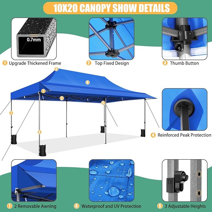 COBIZI 10x20 Pop Up Canopy Tent with Awning,Heavy Duty Canopy UPF 50+ All Season Wind Waterproof Commercial Outdoor Street Vendors Party Tents for Parties Canopy with Roller Bag(10 x 20 ft Blue)