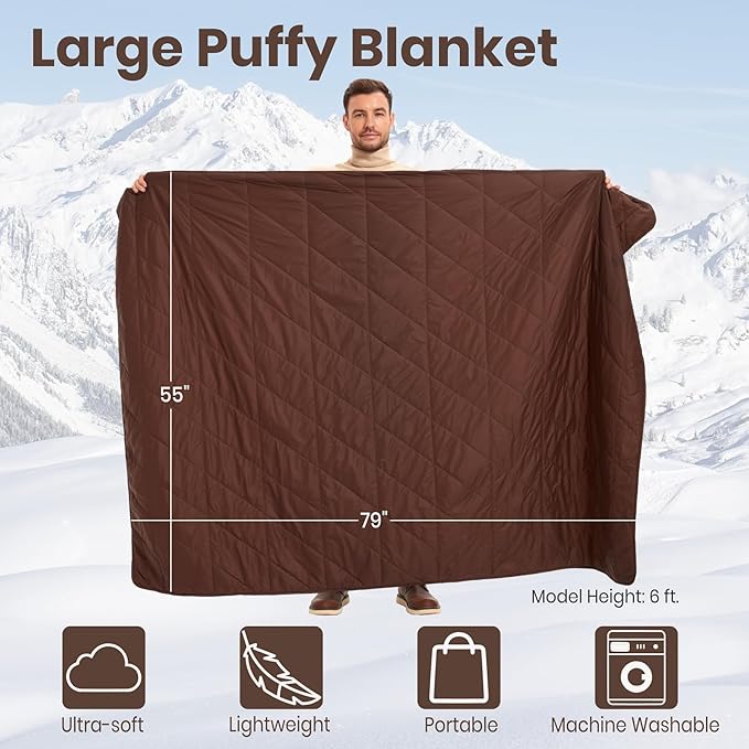 Ultralight Puffy Blanket, Outdoor Camping Blanket, Water-Resistant and Packable, Great for Camping, Stadium, Traveling, Backpacking, Picnic and Beach. 79"x55". Classic Coffee