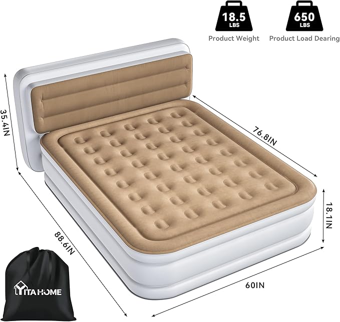 YITAHOME Queen Size Air Mattress with Pump and Banded Headboard, 18in Luxury Flocked Top Blow up Mattress, Durable Inflatable Mattress for Home & Guests, Brown AirBed