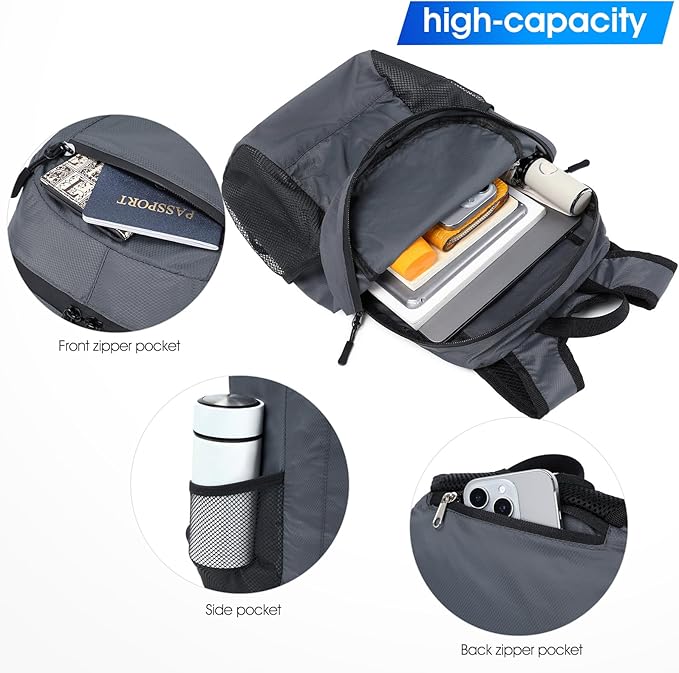 Lightweight Hiking Backpack Small,Waterproof Hiking Daypack,Foldable Backpack for Travel,Ultralight Daypack (Nylon, Grey)