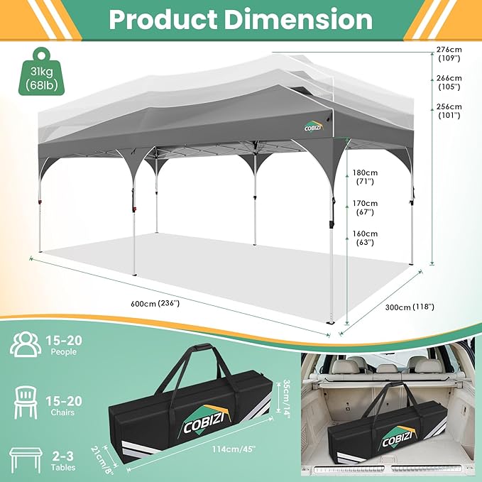 COBIZI 10x20 Pop Up Canopy Tent with 4 Sidewalls, Instant One-Push Setup, Commercial Canopy with Air Vent & Reflective Strip, UPF 50+ Waterproof Party Tent with Sandbags & Stakes for Events (Gray)