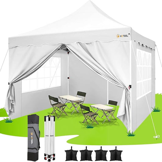 HOTEEL 10x10 Pop Up Canopy Tent with 4 Removable Sidewalls, Sandbags, Stakes & Ropes, UPF 50+ Easy Setup Event Tent Waterproof Outdoor Instant Portable Shelter for Party, Backyard, Vendor, White