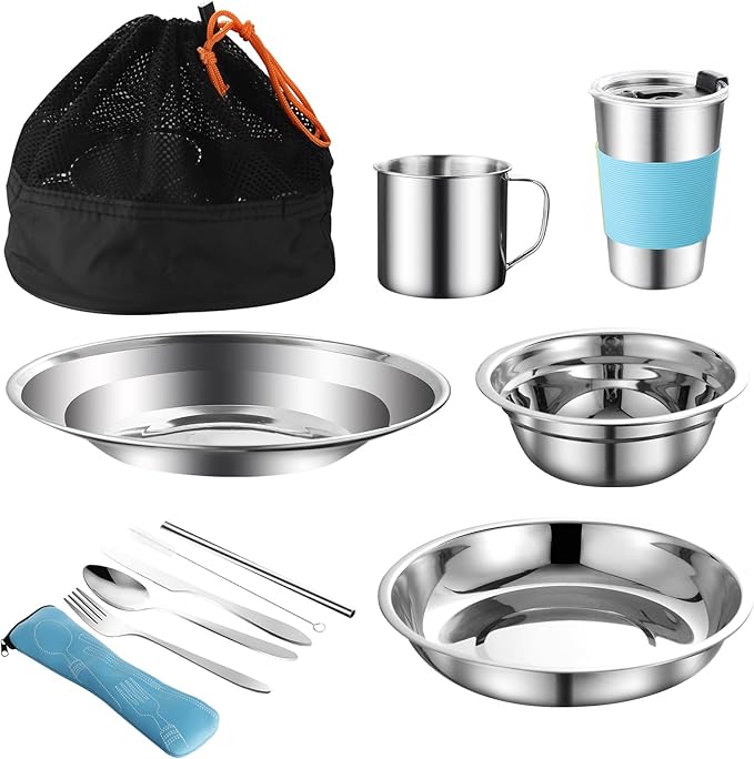12Pcs Camping Mess Kit Camping Dishes Set Stainless Steel Tableware Mess Kit Includes Plate Bowl Cup Spoon Fork Knife in Mesh Bags for Camping Backpacking & Hiking for 1 Person