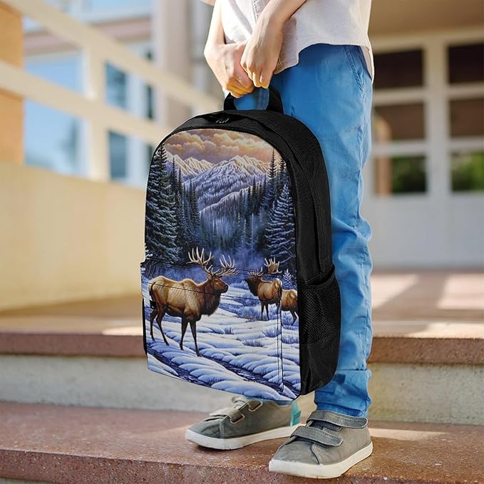 Supdreamc Casual Daypack Multipurpose Anti-Theft Large Capacity Carry On Bag, Elk Winter Snow Casual Daypack Climbing Shoulder Bag With Padded Straps