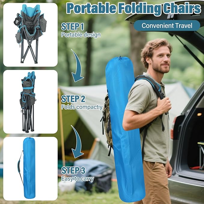 Oversized High-Back Camping Chairs with Pillow, Dual Cup Holders & Cooler Bag - Heavy Duty Foldable Outdoor Chair for Adults, Picnic, Fishing, Backyard, Sports(Bluegrey)