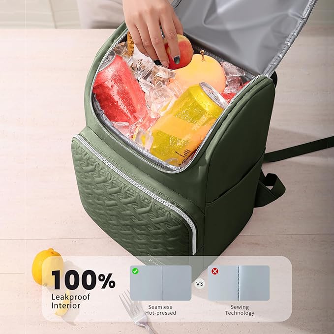 Cooler Backpack Insulated Leak Proof 33 Cans, Waterproof Hiking Backpack Cooler Soft Cooler Bag Lunch Backpack for Picnic Camping, Green