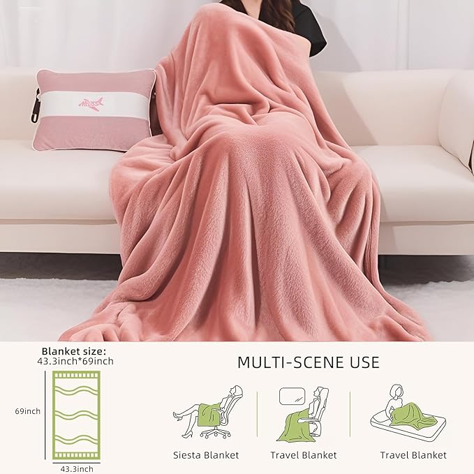 Melissa Large Travel Blanket and Inflatable Pillow Set - 69โ x 43.3โ โ Soft Blanket with Carry Bag โ Lightweight, Compact & Washable for Backpacking, Hiking, Airplane, Car, Office, Camping (Pink)