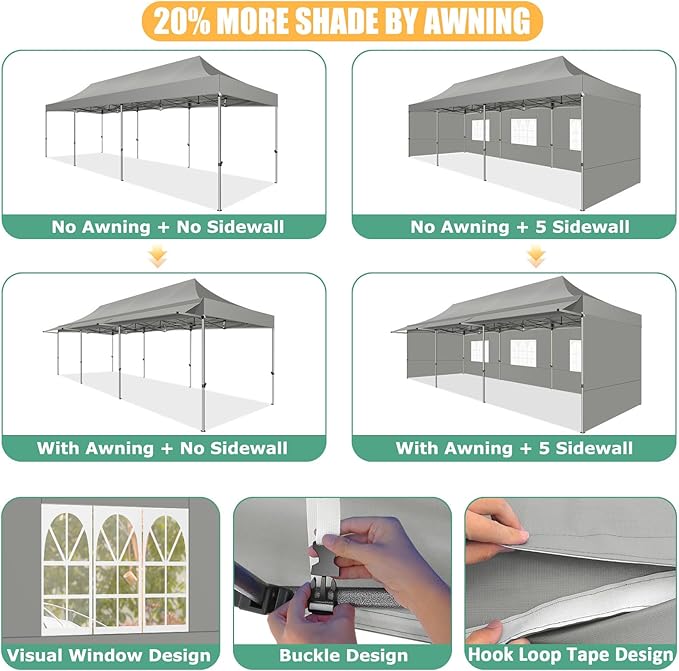 COBIZI 10x30 Pop Up Canopy Tent with Awning,Heavy Duty Canopy UPF 50+ All Season Wind Waterproof Commercial Outdoor Street Vendors Party Tents for Parties Canopy with Roller Bag(10 x 30 ft Gray)