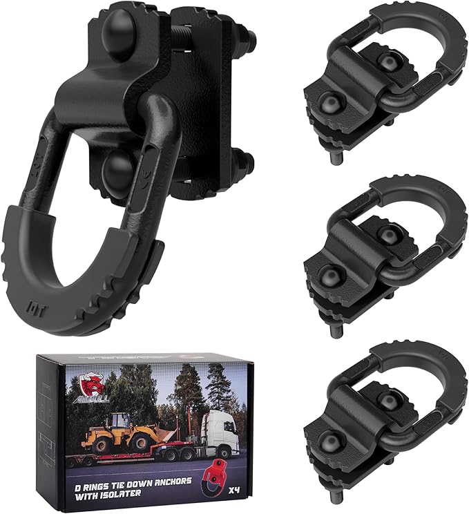 D-Ring Tie Down Anchors with Rubber Isolators, 4 Pack Heavy Duty 10 Ton Capacity Carbon Steel, Bolt-On with Mounting Hardware, Zinc & Powder Coated for Trailer, Truck, Pickup, Garage-Black