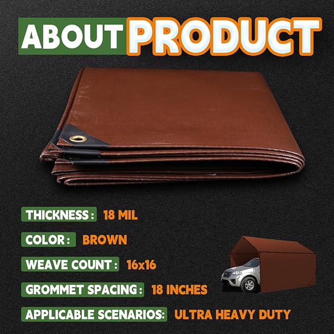 RAINDEWAY 20x20 Feet Super Heavy Duty 18 Mil Brown Poly Tarp Cover, UV Resistant, Weatherproof, Multipurpose Waterproof Poly Tarp with Grommets and Reinforced Edges