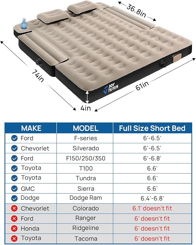 JOYTUTUS Truck Tent with Rainfly 6.5Ft+JOYTUTUS Truck Bed Mattress for 6-6.5Ft with Built-in Pump