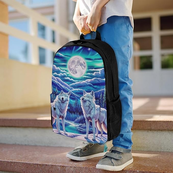 Supdreamc Backpack Multipurpose Anti-Theft Large Capacity Bookbag, Wolves Moon Aurora Art Travel Hiking Daypack With Side Pockets