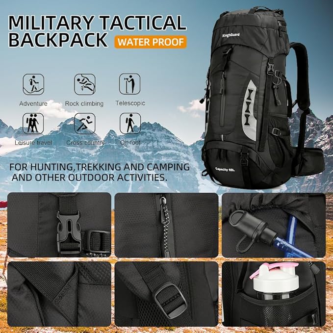 King'sGuard 60L Hiking Backpack for Men and Women Lightweight Camping Hiking Backpack with Rain Cover Large Waterproof Travel Backpack Backpacking Pack (Black)
