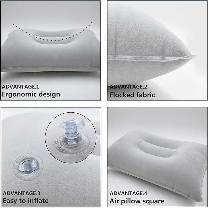 2 Pack Ultralight Inflatable Pillow Small Squared Flocked Fabric Air Pillow Beach Pillow for Hiking,Camping,Traveling,Napping,Desk Rest,Neck Lumbar Support(Gray)