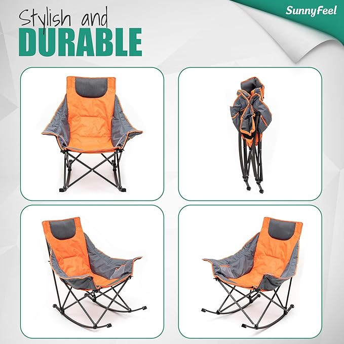 SUNNYFEEL Oversized Rocking Camping Chair, Fully Padded Patio Chair with Side Pocket, High Back Portable Lawn Recliner with Headrest, Outdoor Camp Rocker Chairs for Adults Heavy Duty 500 LBS