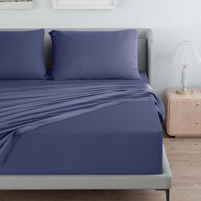 Air Mattress Queen Sheet Set - Deep Pocket 4 Piece Queen Size Sheet Set - Breathable & Fade Resistant Easy Fits 16in to 24in Pillow Top Bed Mattress - Navy Blue