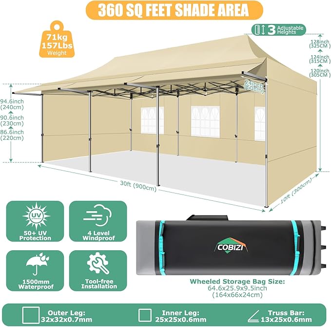 COBIZI 10x30 Pop Up Canopy Tent with Awning,Heavy Duty Canopy UPF 50+ All Season Wind Waterproof Commercial Outdoor Street Vendors Party Tents for Parties Canopy with Roller Bag(10 x 30 ft Khaki)