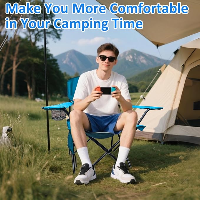 Folding Camping Chair, 225lb Capacity, Includes Cup Holder & Side Storage Bag, 5.5lbs Portable for Beach, Camping, Sport,2PCS Blue