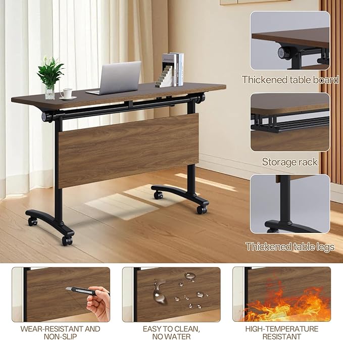 55 INCH Flip-Top Folding Seminar Table – Mobile Conference Desk with Durable Steel Frame and Lockable Casters for Office & Classroom Settings