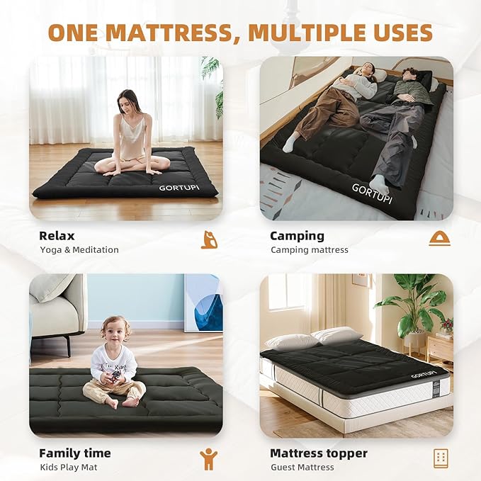 Japanese Floor Mattress,Futon Mattress 3" Black Thicken 100% High Density Comfortable Foam,Foldable Tatami Mat Sleeping Pad,Portable Floor Mattress Sleeping Pad for Adults,Twin Size 39"x 80"