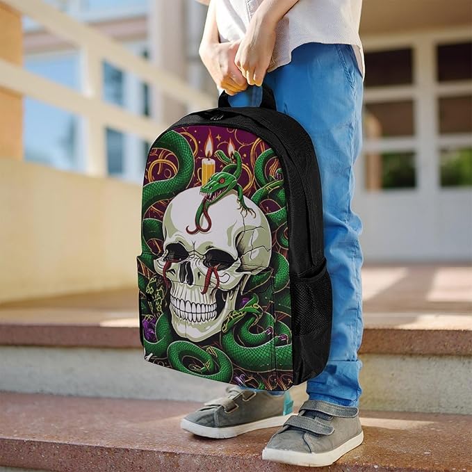 Supdreamc Women Men Polyester Medusa Skull Green Snake Art Casual Daypack Large Capacity Bookbag With Side Pockets for Sports Picnic Walking Cycling