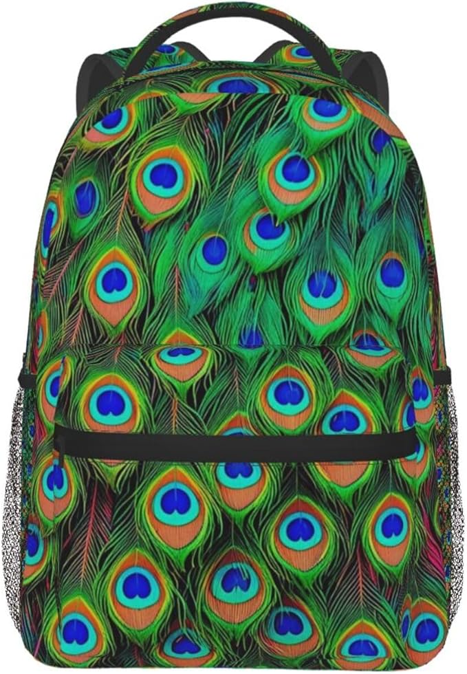Daypack Backpack Anti-Theft Multipurpose Big Capacity Bookbag, Colorful Peacock Feather Art Business Computer Bag With Side Pockets