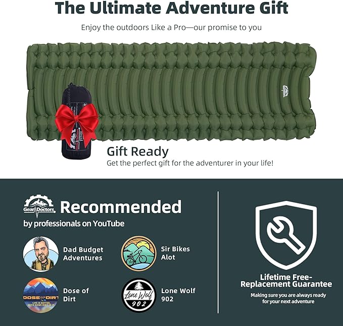 Gear Doctorsยฎ Ether 17.5oz Ultralight Camping Sleeping Pad โ Backpacking Air Mattress โ Camping Mattress Pad โ Compact Inflatable Sleeping Mat for Backpacking, Comfortable Outdoor Hiking, Tent, Travel