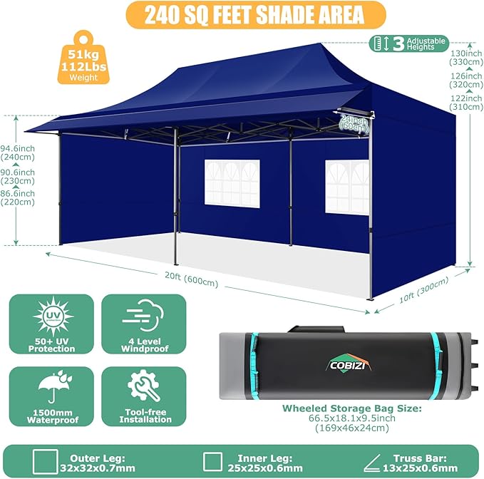 COBIZI 10x20 Pop Up Canopy Tent with Awning,Heavy Duty Canopy UPF 50+ All Season Wind Waterproof Commercial Outdoor Street Vendors Party Tents for Parties Canopy with Roller Bag(10 x 20 ft Dark Blue)