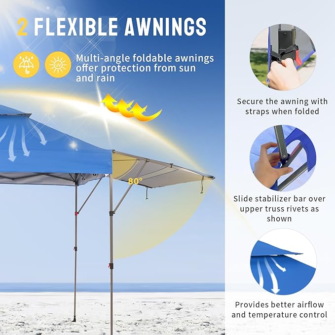 CROWN SHADES 10x10 Pop up Canopy Tent Patended Centerlock Instant Commercial Canopy with 150D Silver Coated Fabric Including 2 Extend Awnings, 4 Ropes, 8 Stakes, 4 Weight Bags, STO 'N Go Bag, Blue