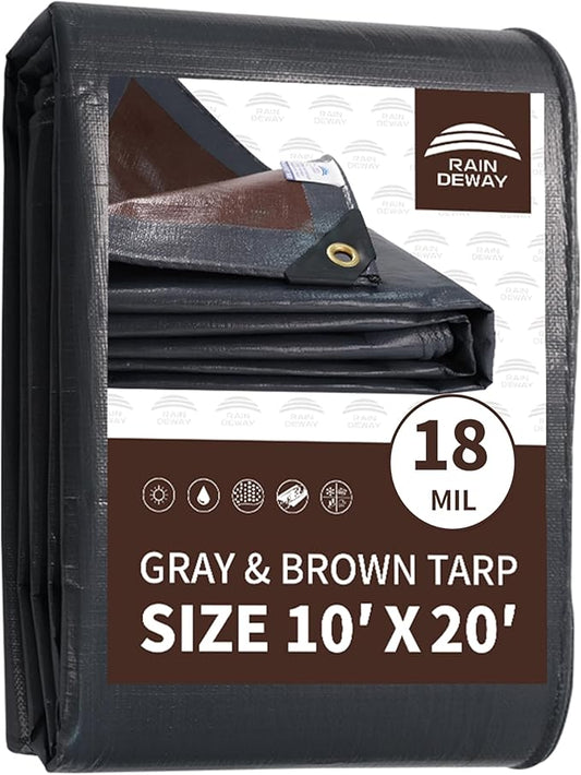 RAINDEWAY 10x20 Feet Super Heavy Duty Tarp 18 Mil, UV Resistant, Weatherproof, Multipurpose Waterproof Poly Tarp with Reinforced Edges, Brown/Gray Tarps
