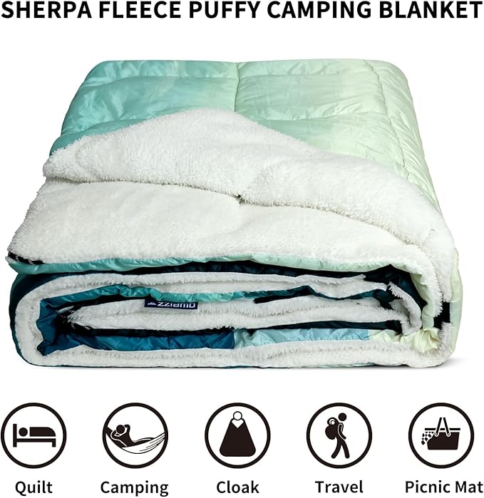 zzlamb Sherpa Puffy Camping Blanket,Packable Outdoor Warm Wearable Fleece Blankets for Cold Weather,Thick Camp Quilt with Sherpa Lining for Sleeping,Traveling,Backpacking,Picnics,Beach,Stadium 52x75in