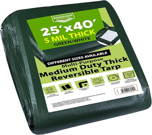 Medium Duty Waterproof 5 Mil. Reversible (Hunter Green/White) Tarp Cover, UV Resistant, Rip and Tear Proof Tarpaulin with Reinforced Edges - for Roof, Camping, Patio, Pool Cover, Boat (25'X40')