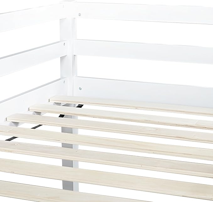 KEIKI Twin Loft Bed with Slide, Ladder, Rubber Wood Frame, Underbed Play Area & Storage, White
